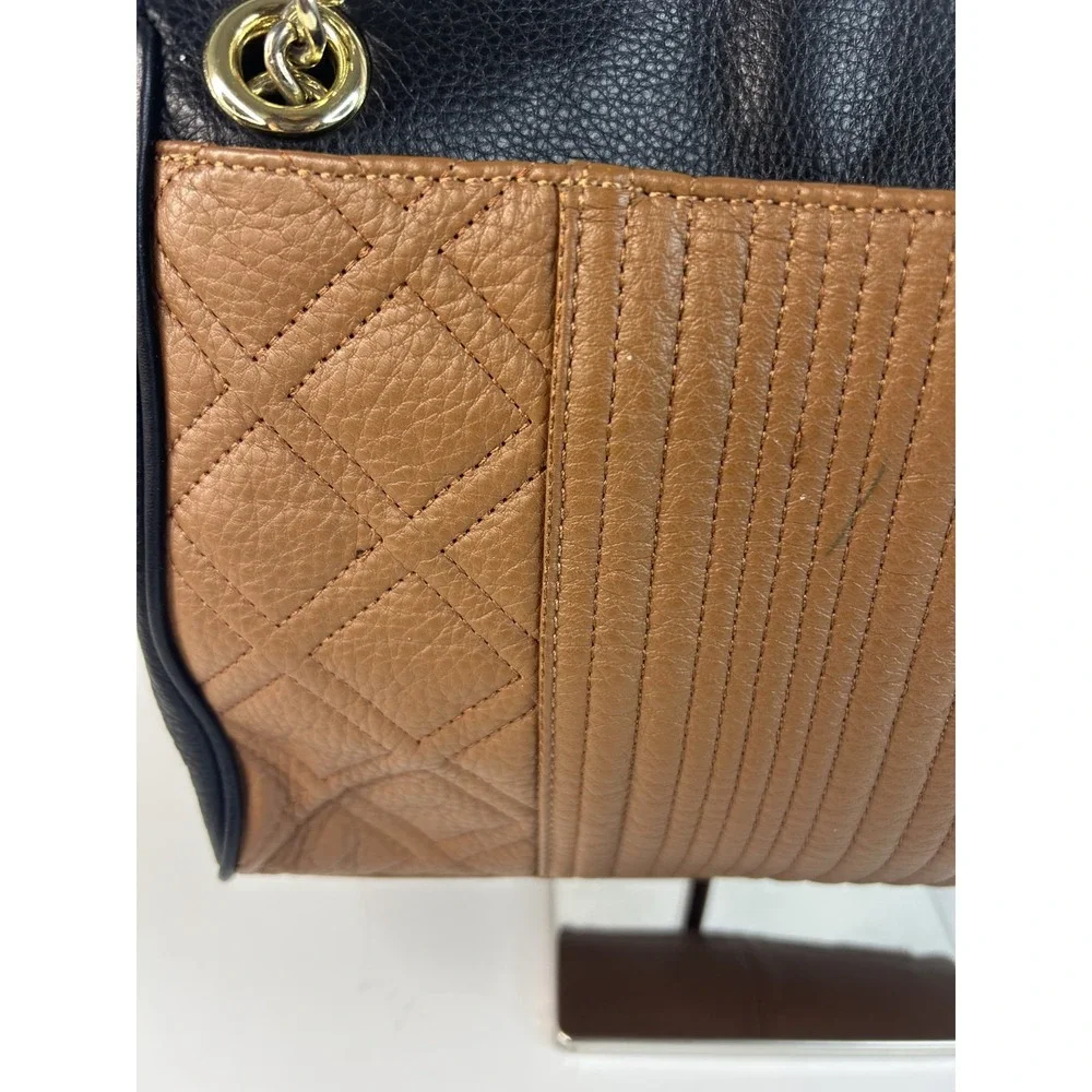 Calvin Klein Black Brown Leather Shoulder Bag Medium Quilted Chain Satchel Purse